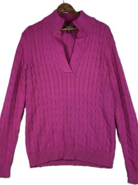 Ralph Lauren Pink Cable Knit V-Neck Sweater - Women 100% cotton
